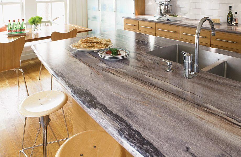 Large kitchen with Dolce Vita 180fx Laminate island with sinks and bar stools