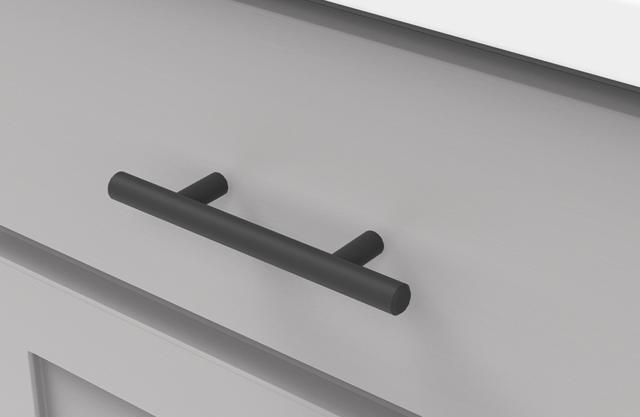 HH075593-MB_920x600 Close-up of gray cabinet with white countertop and Hickory Hardware matte black bar bull