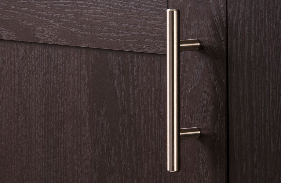 HH075593-SS-920x600 Close-up of dark wood cabinet with Hickory Hardware stainless steel bar pull